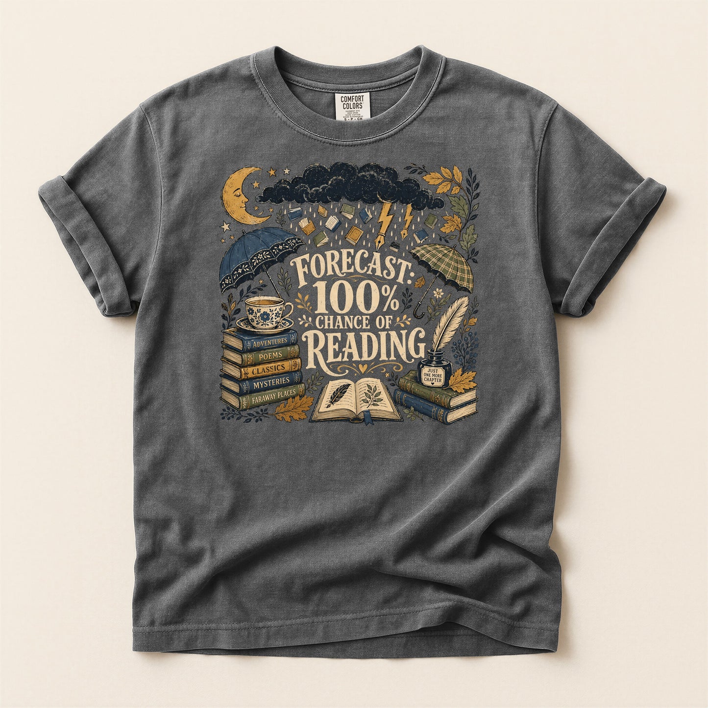 Forecast: 100% Chance of Reading — Rainy Day Reader Tee