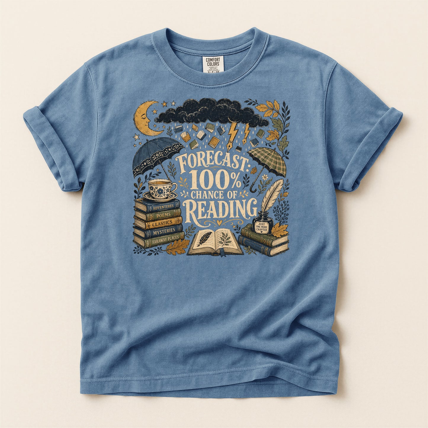 Forecast: 100% Chance of Reading — Rainy Day Reader Tee