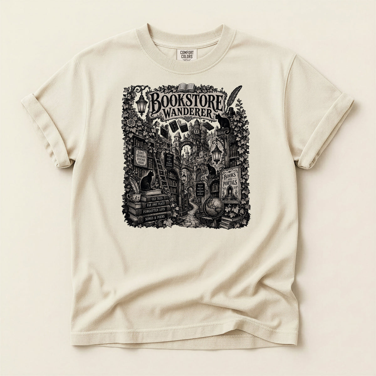 Bookstore Wanderer — Dark Academia Bookshop Tee