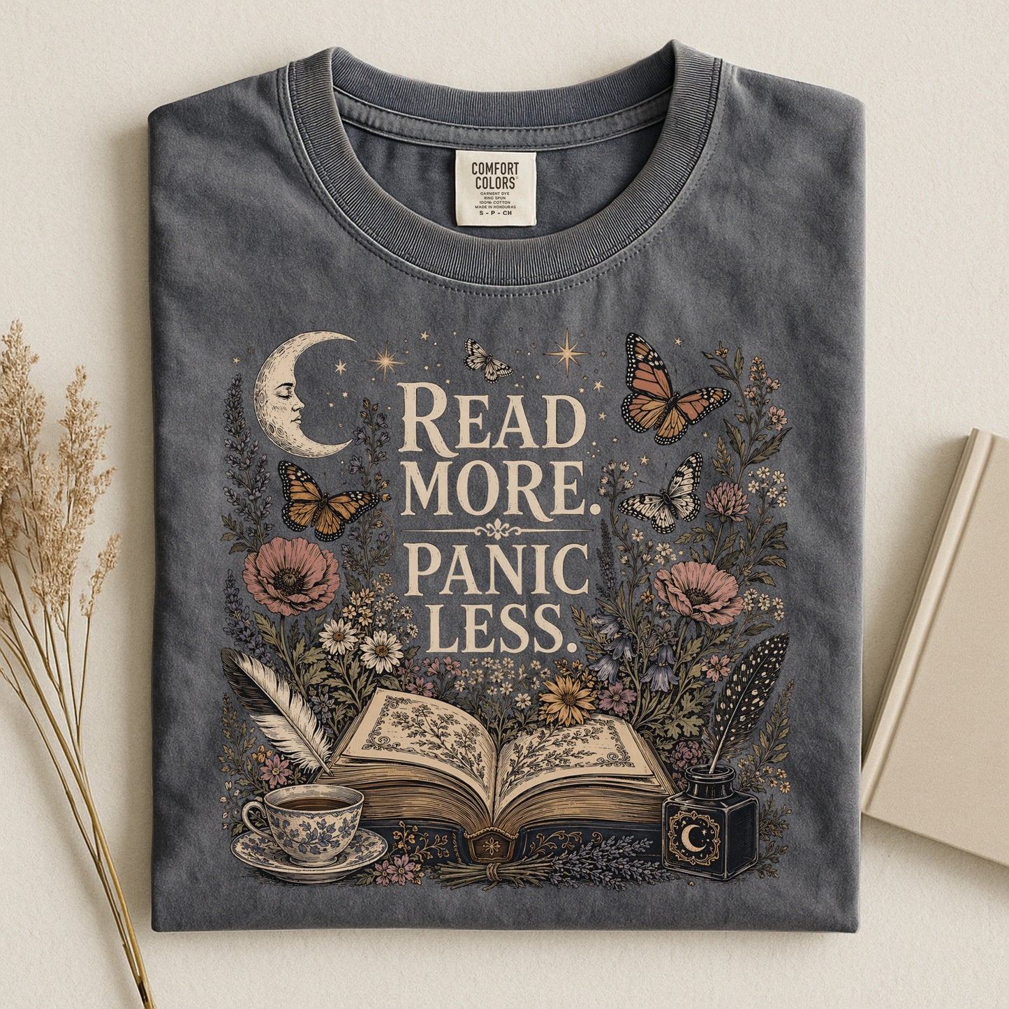 Read More. Panic Less. — Cozy Book Lover Tee