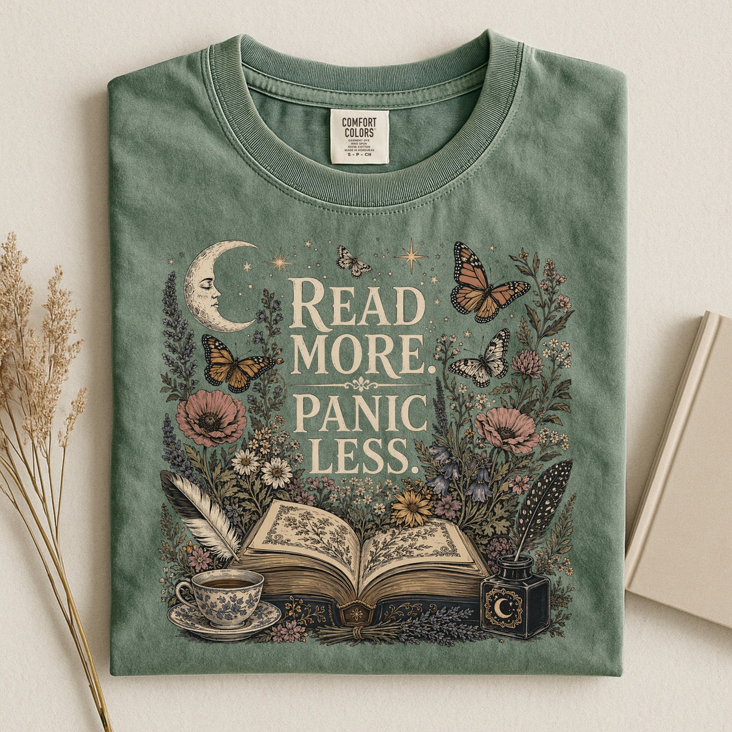 Read More. Panic Less. — Cozy Book Lover Tee
