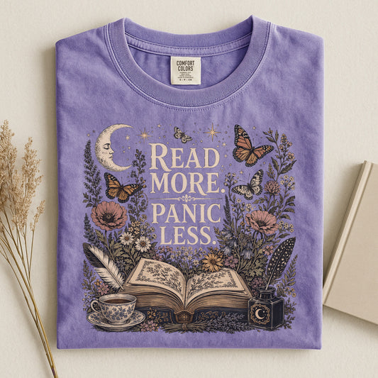 Read More. Panic Less. — Cozy Book Lover Tee