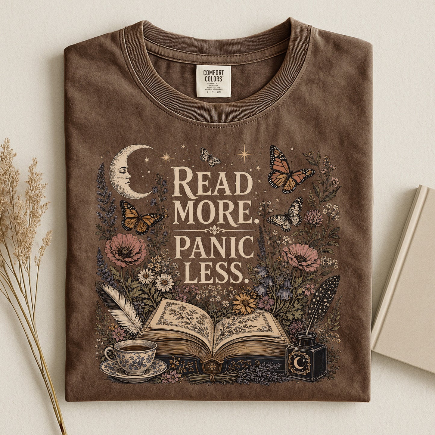 Read More. Panic Less. — Cozy Book Lover Tee