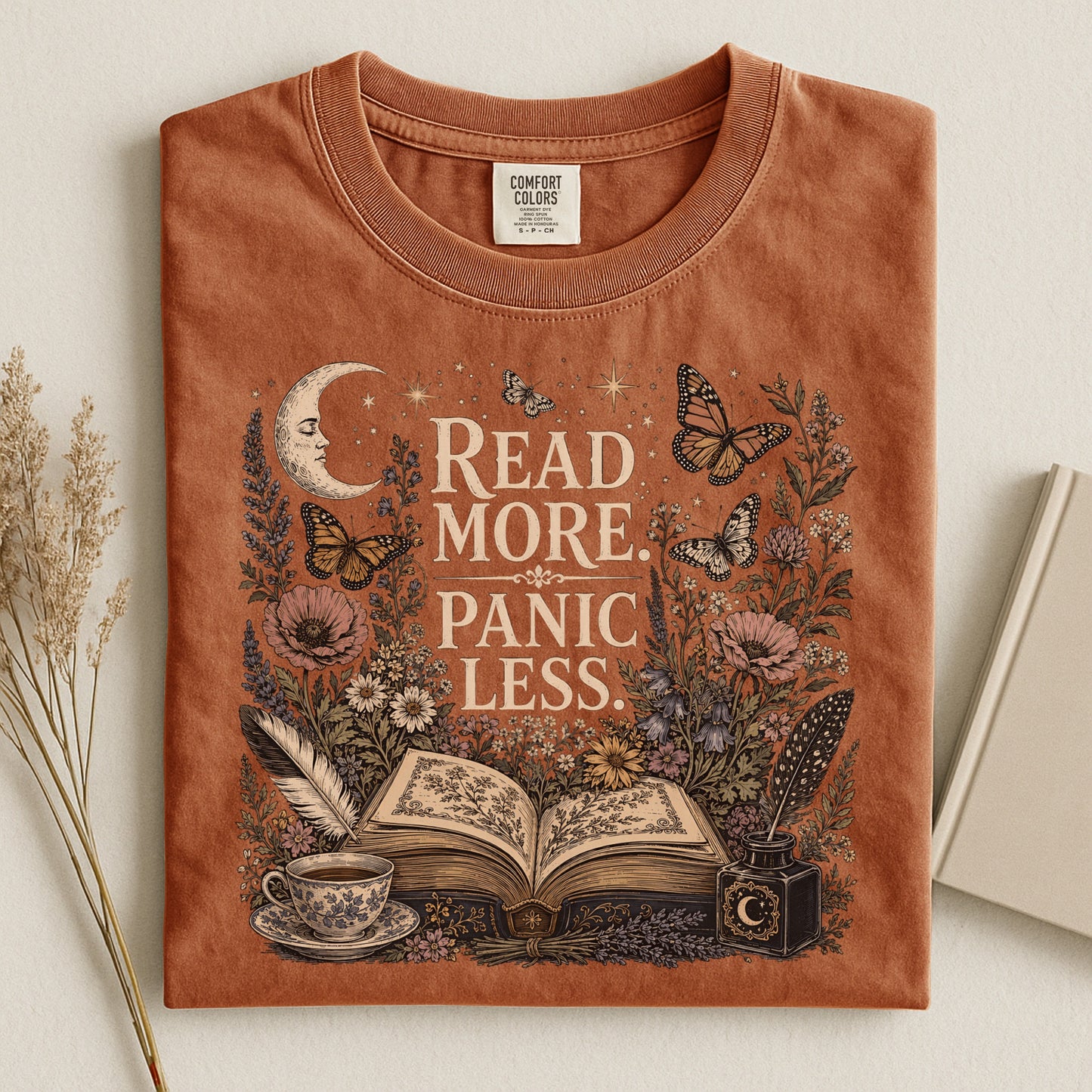 Read More. Panic Less. — Cozy Book Lover Tee