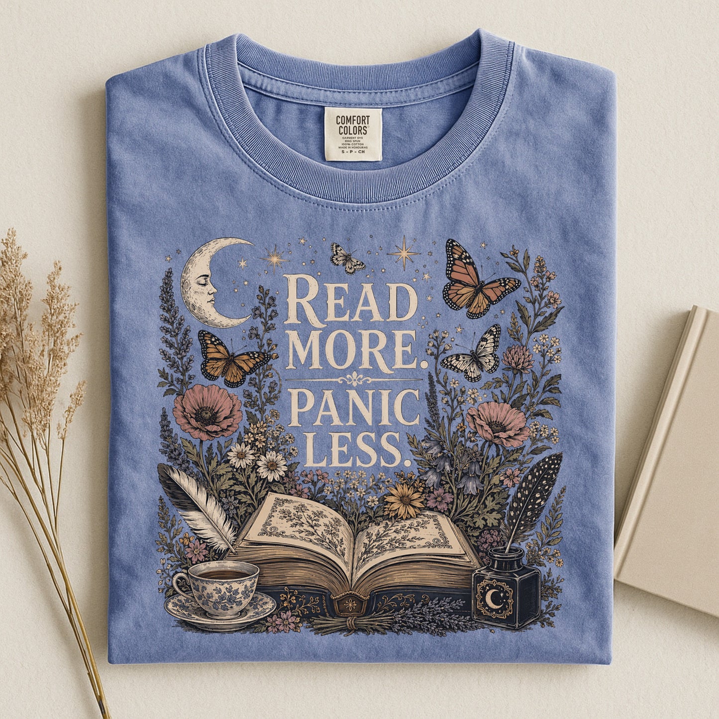 Read More. Panic Less. — Cozy Book Lover Tee