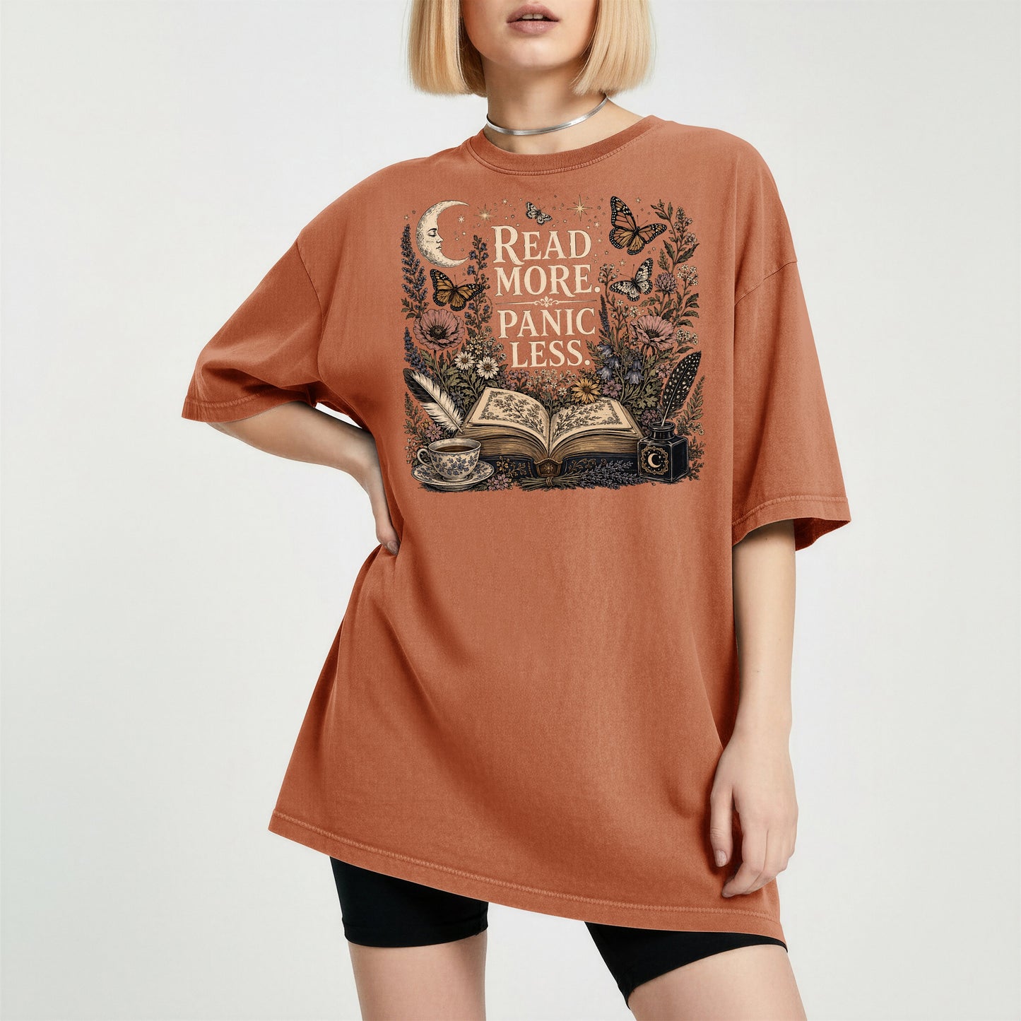 Read More. Panic Less. — Cozy Book Lover Tee