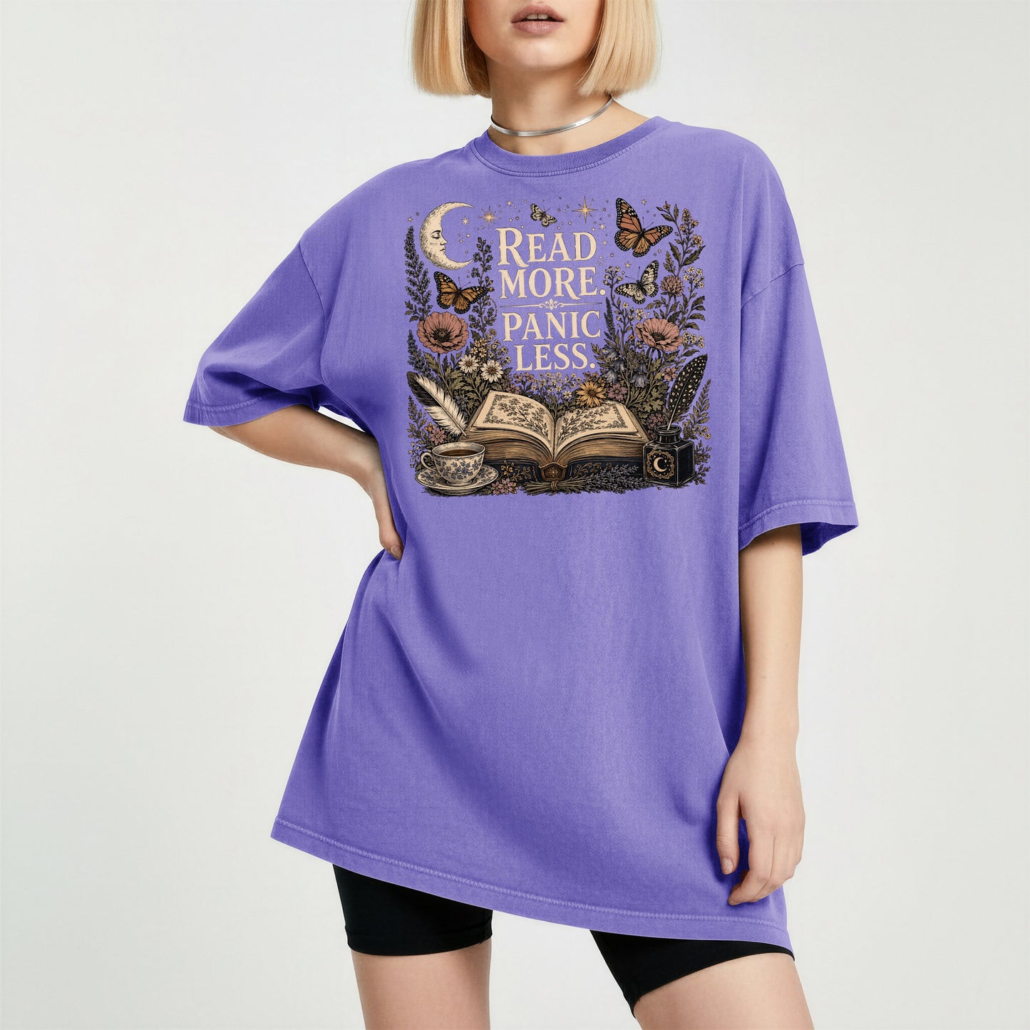 Read More. Panic Less. — Cozy Book Lover Tee