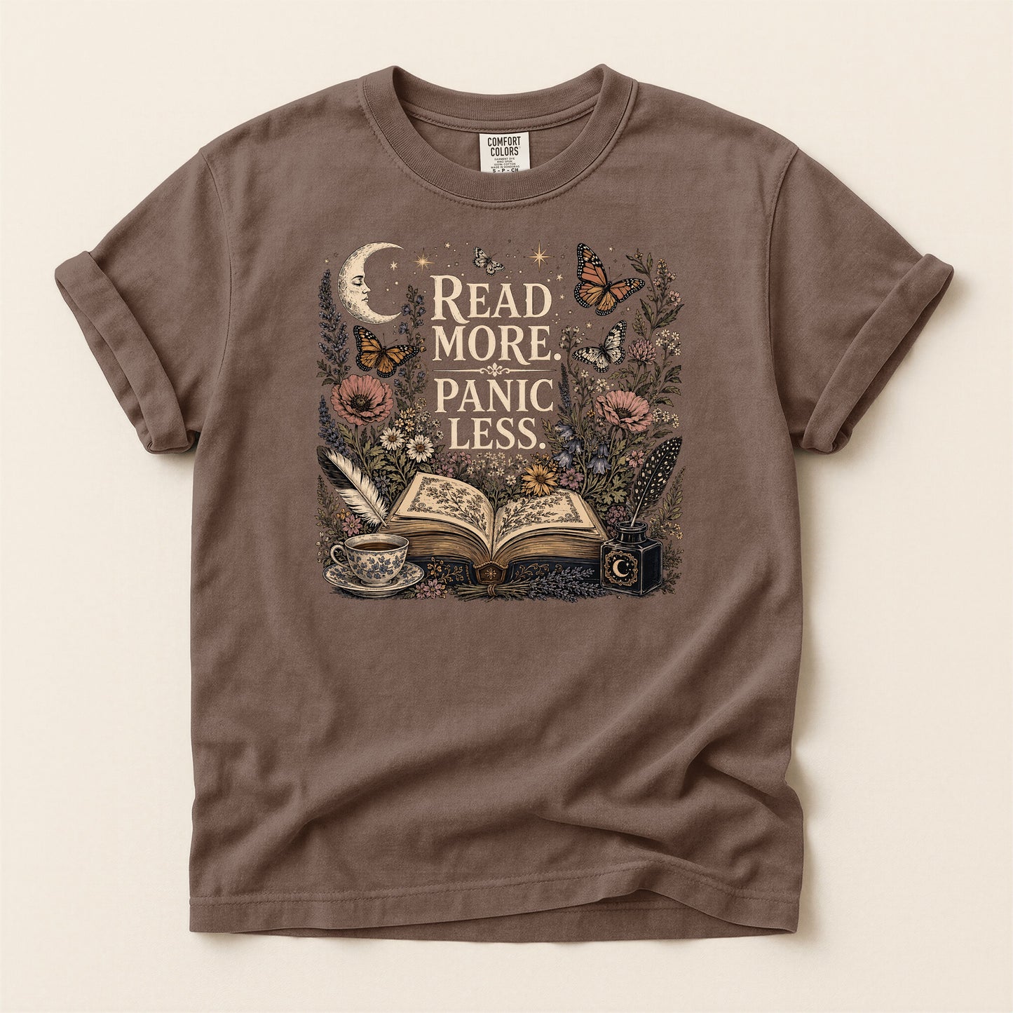 Read More. Panic Less. — Cozy Book Lover Tee