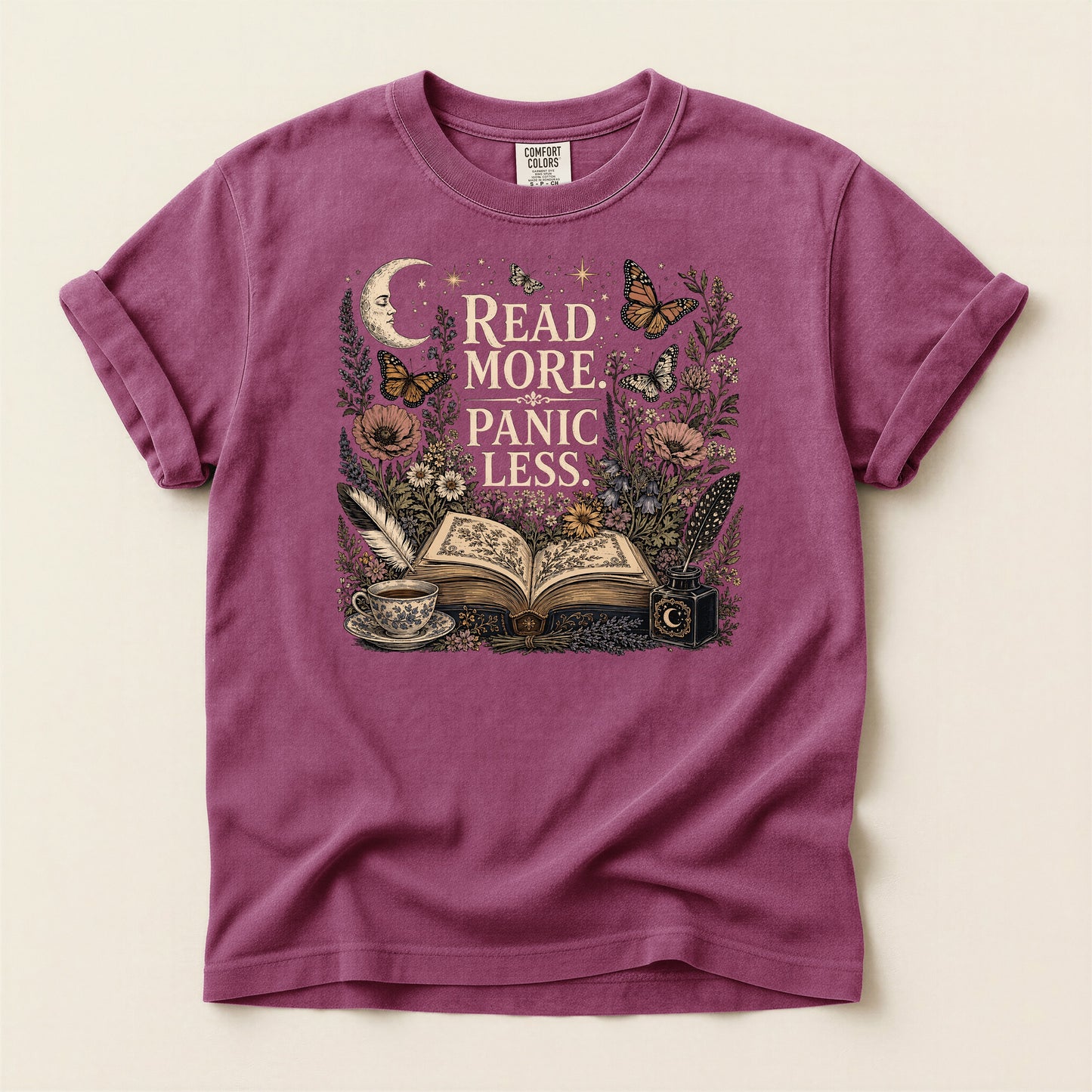 Read More. Panic Less. — Cozy Book Lover Tee