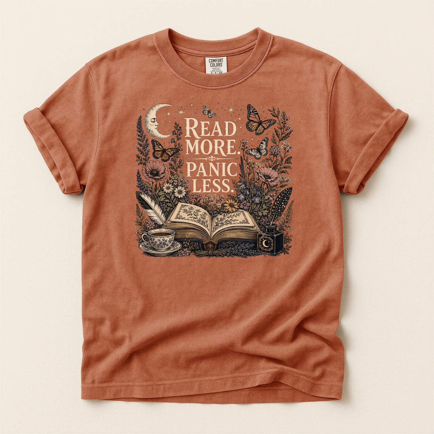 Read More. Panic Less. — Cozy Book Lover Tee