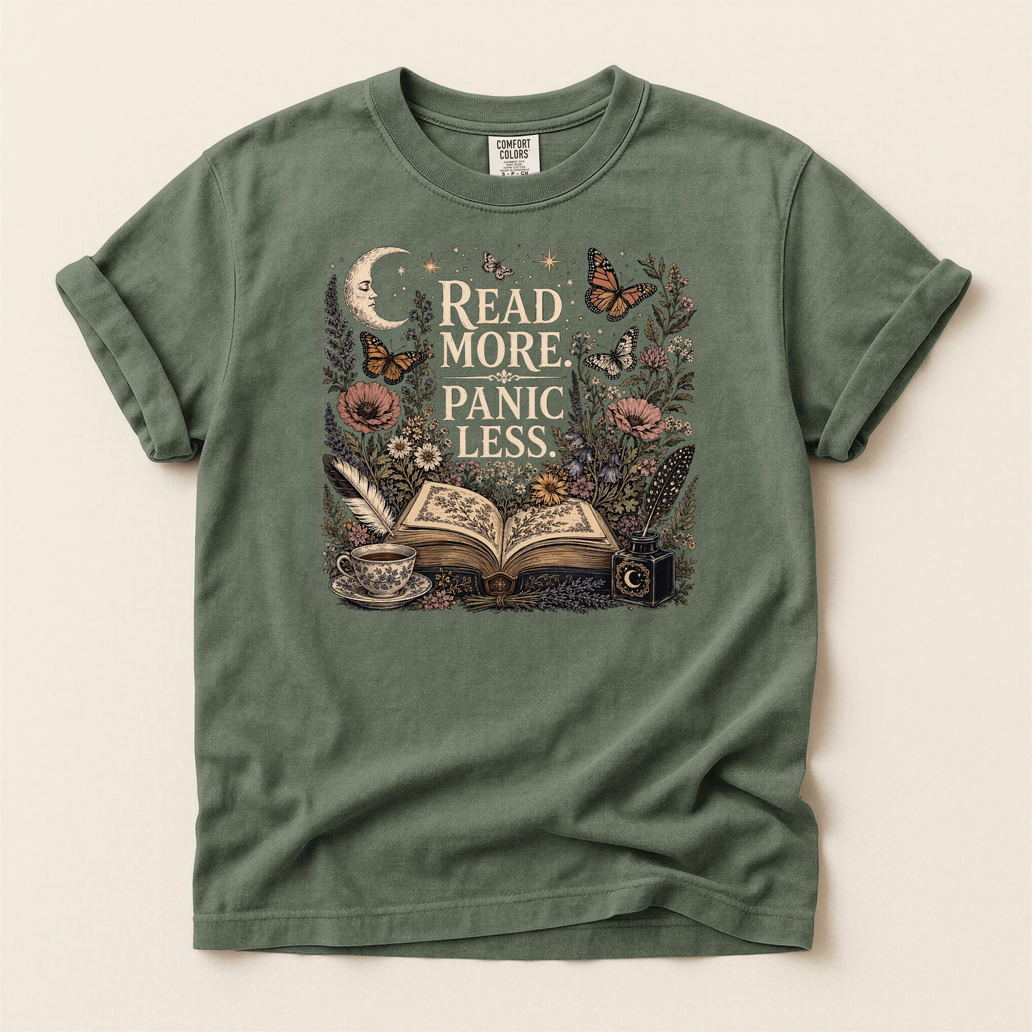 Read More. Panic Less. — Cozy Book Lover Tee