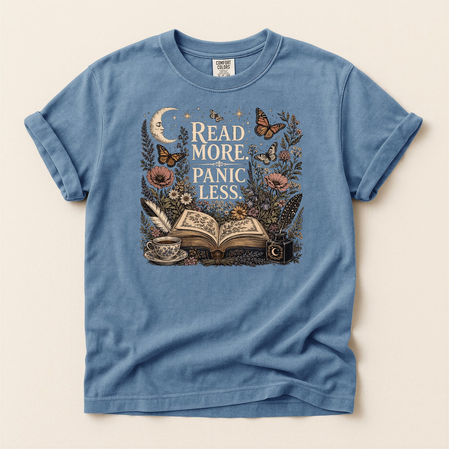 Read More. Panic Less. — Cozy Book Lover Tee