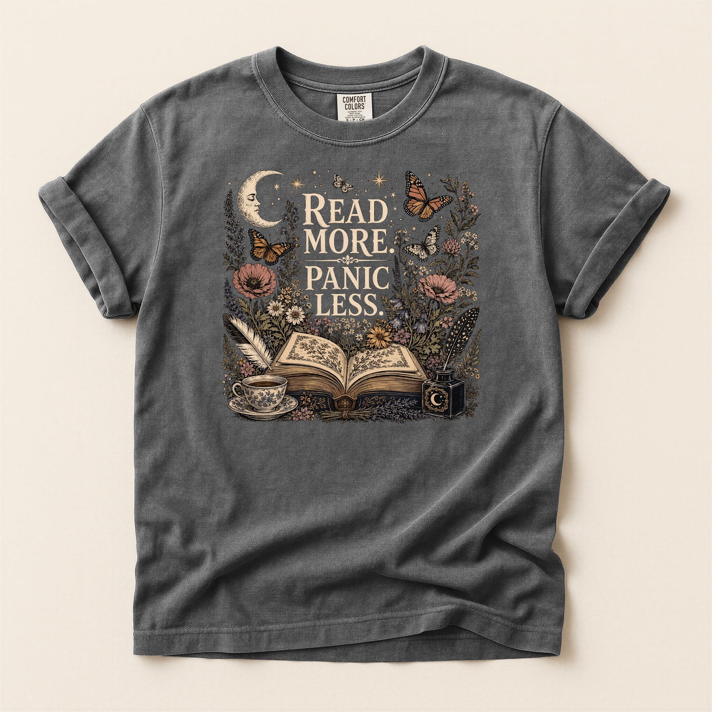 Read More. Panic Less. — Cozy Book Lover Tee
