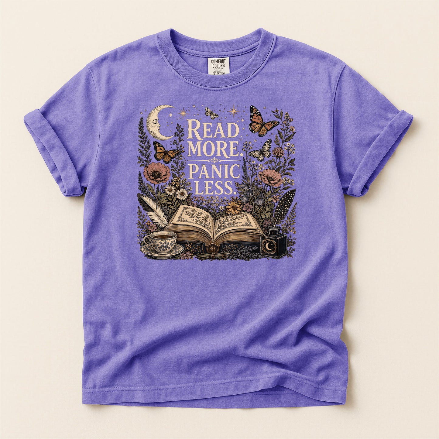 Read More. Panic Less. — Cozy Book Lover Tee