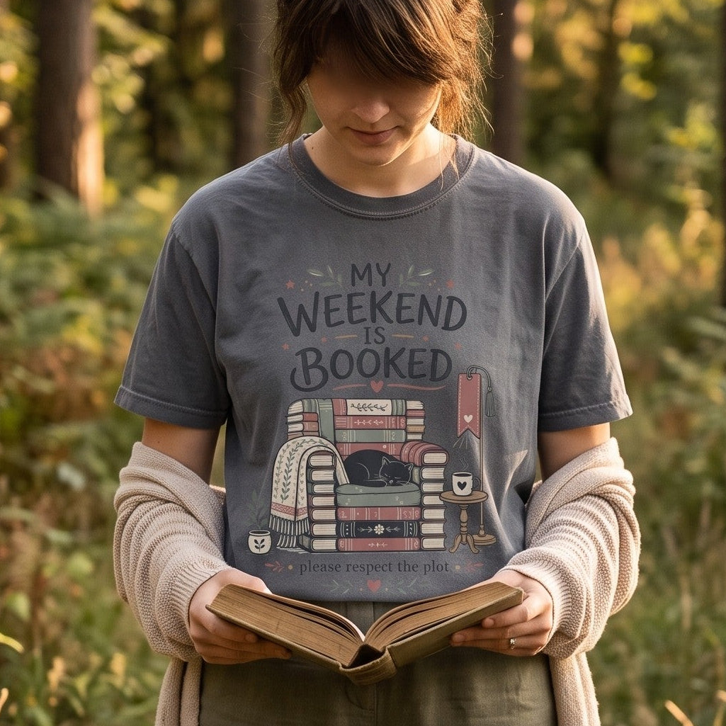 My Weekend Is Booked — Cozy Reader & Black Cat Tee