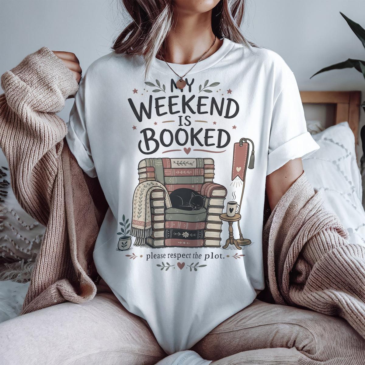 My Weekend Is Booked — Cozy Reader & Black Cat Tee