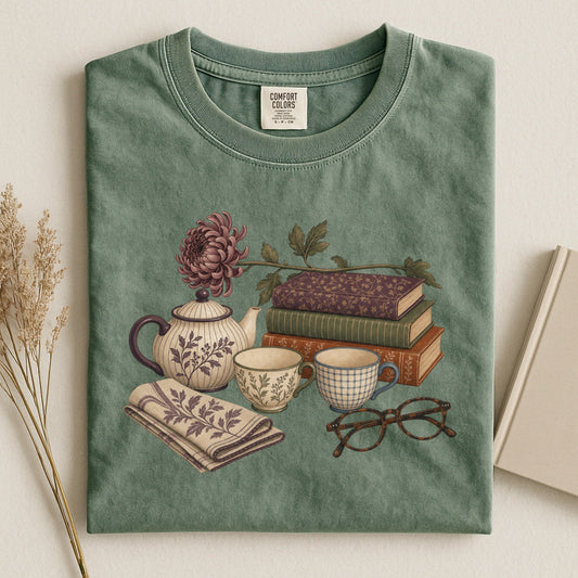 Afternoon Tea and Books bookish tee in Moss, flat lay