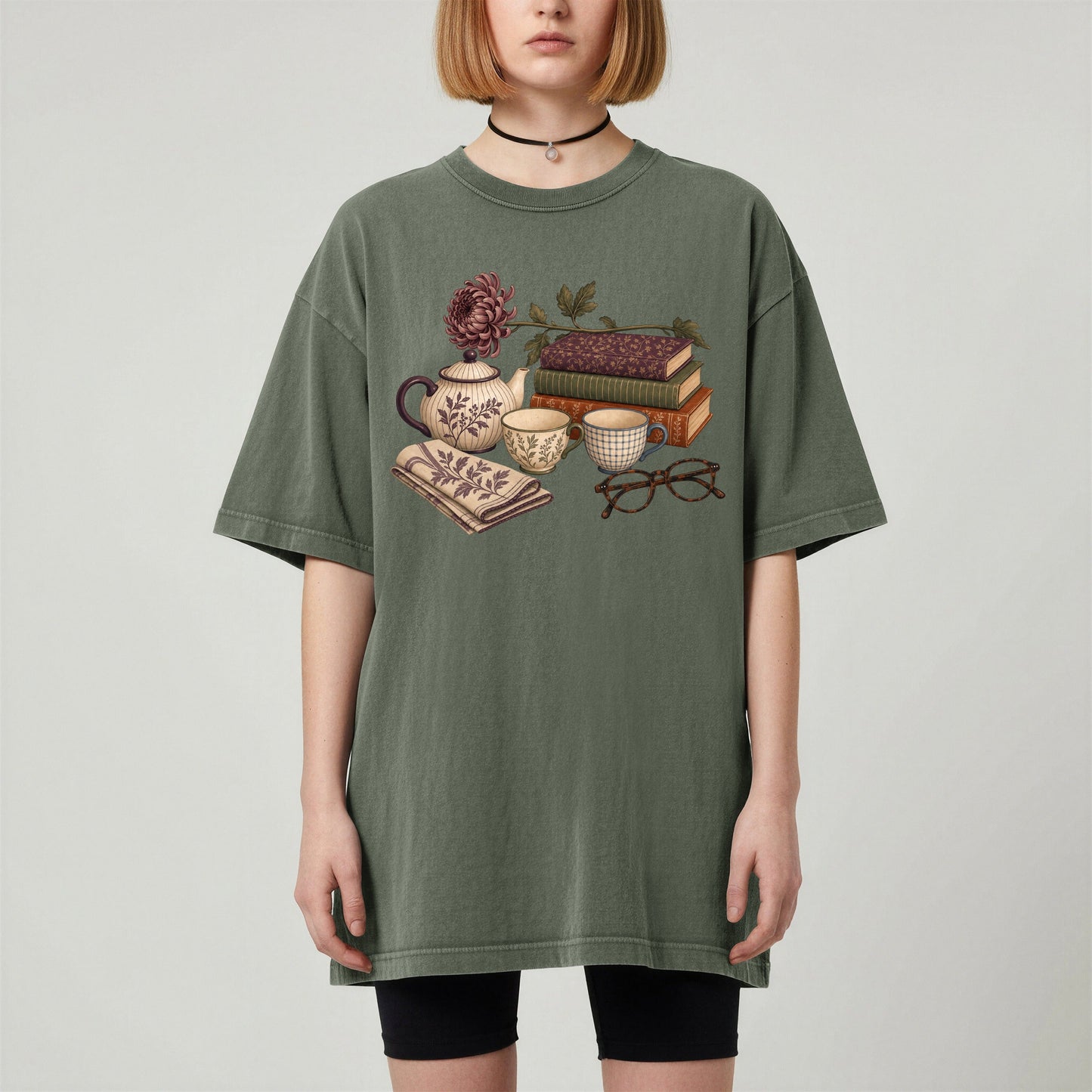 Afternoon Tea and Books bookish tee in Moss, worn