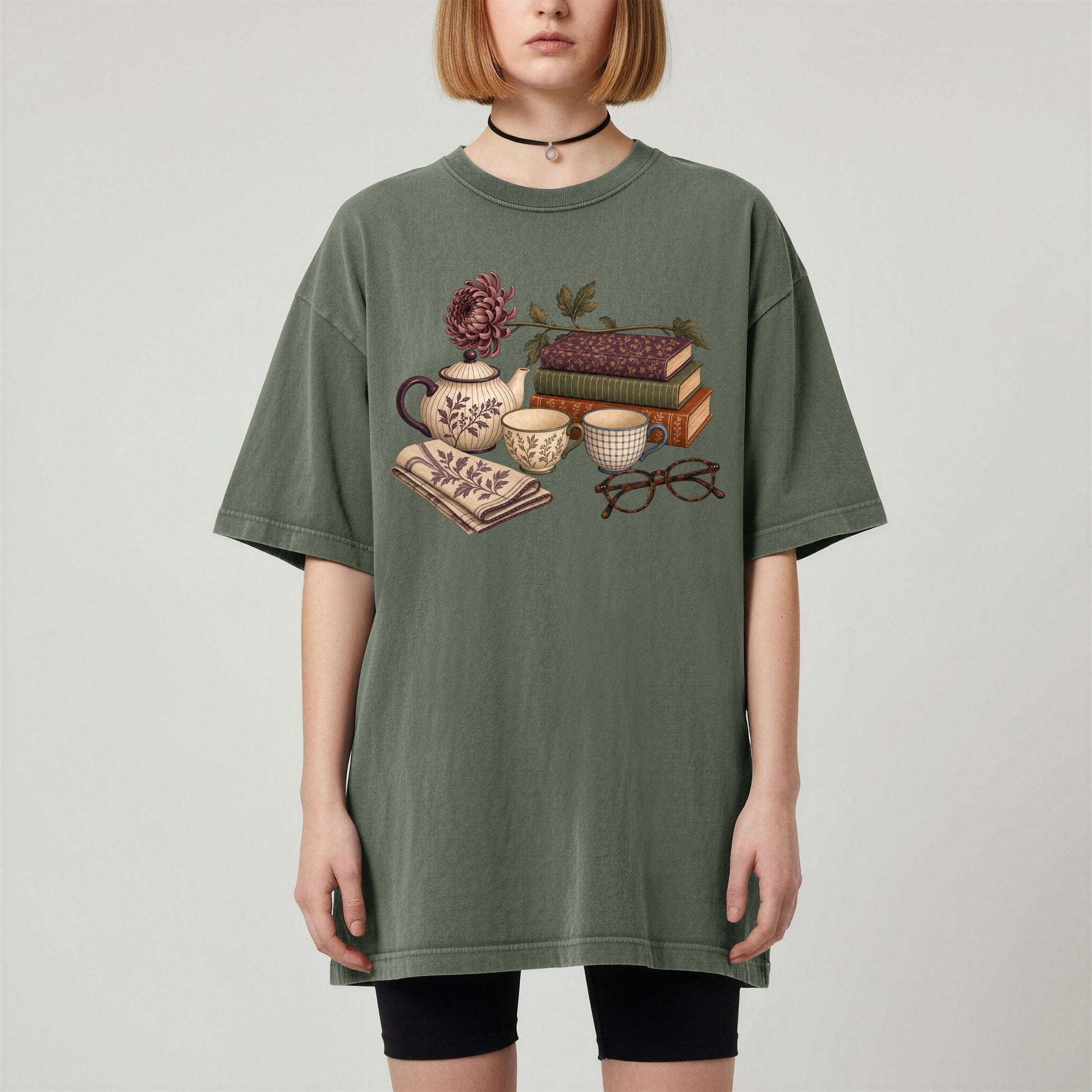 Afternoon Tea and Books bookish tee in Moss, worn