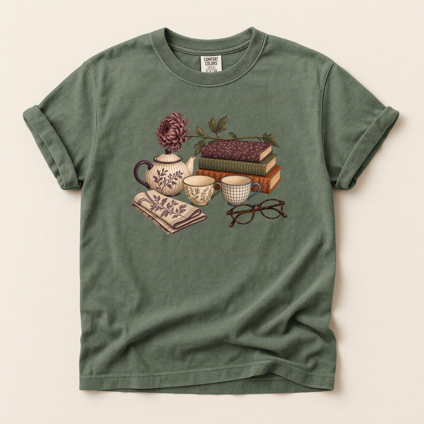 Afternoon Tea and Books bookish tee in Moss, full flat
