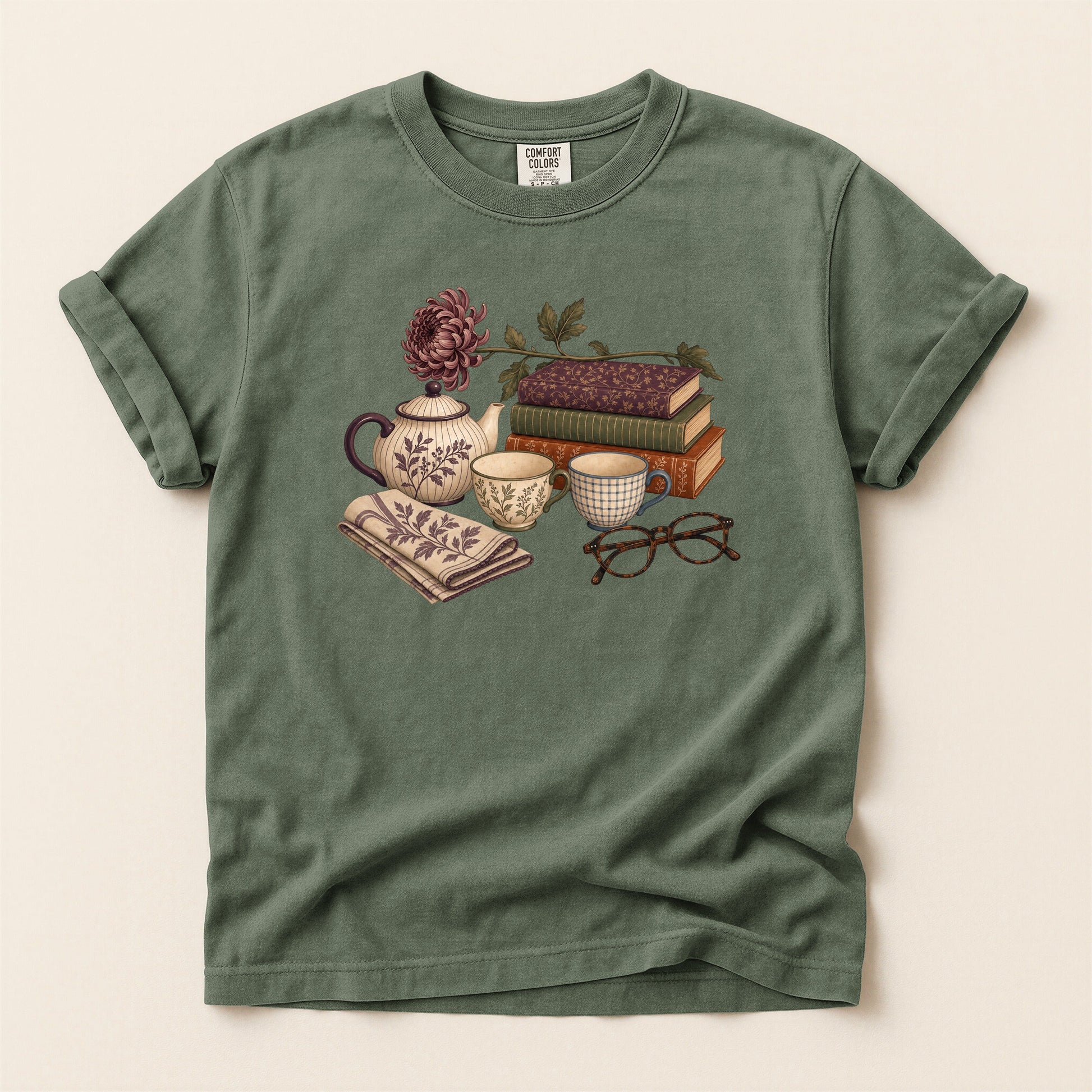 Afternoon Tea and Books bookish tee in Moss, full flat