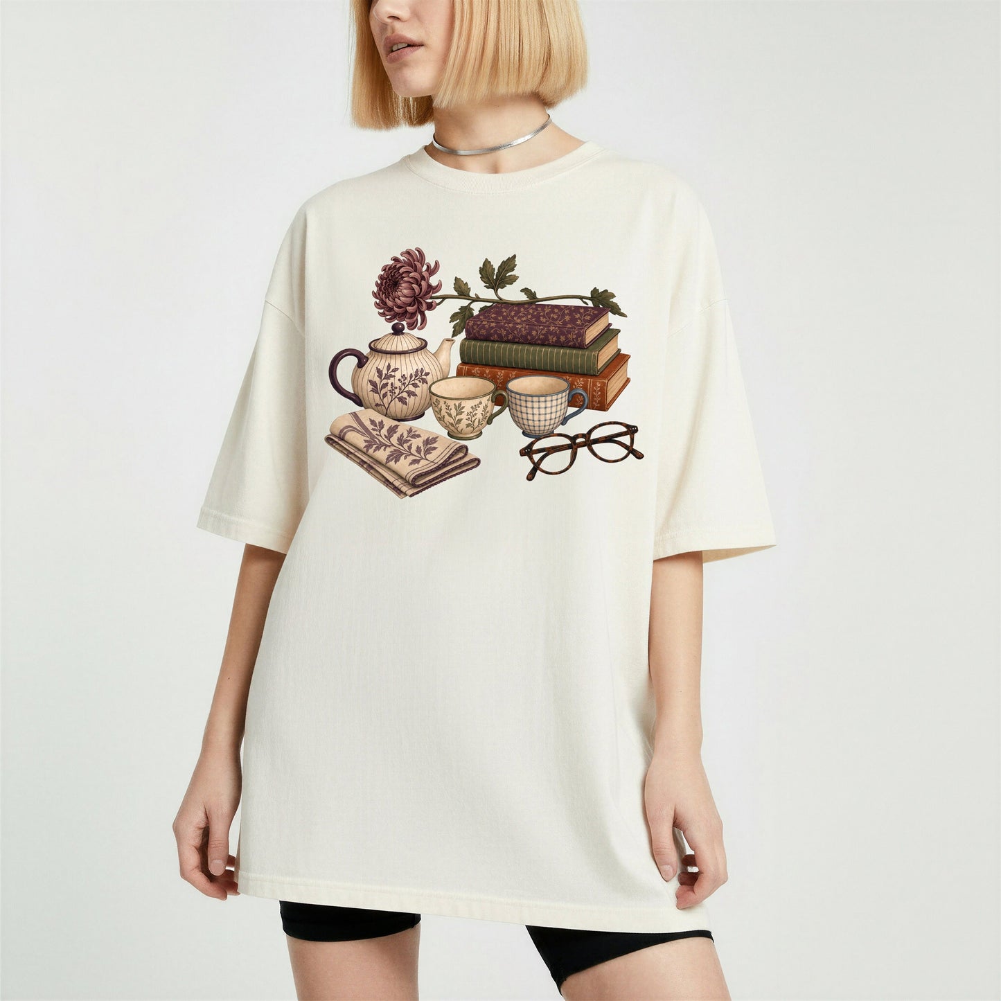 Afternoon Tea and Books bookish tee in Ivory, worn