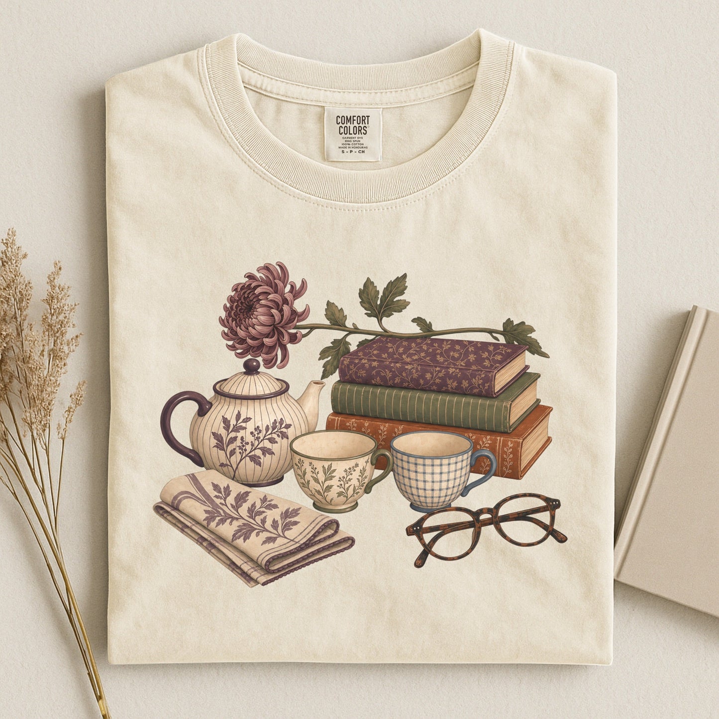 Afternoon Tea and Books bookish tee in Ivory, flat lay