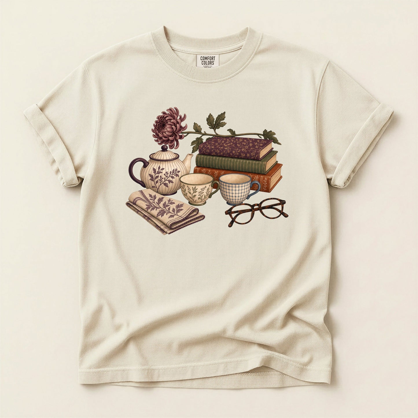Afternoon Tea and Books bookish tee in Ivory, full flat