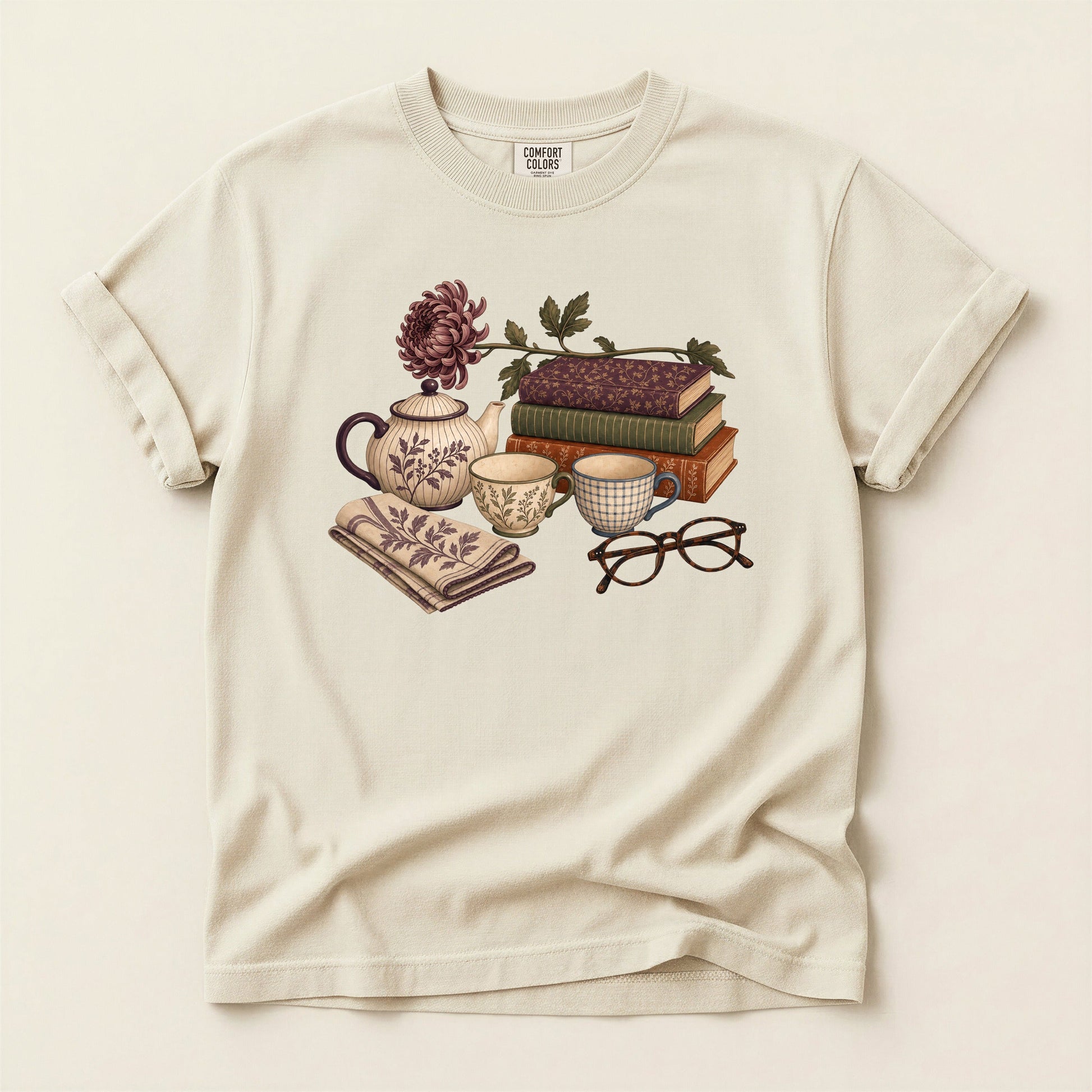 Afternoon Tea and Books bookish tee in Ivory, full flat