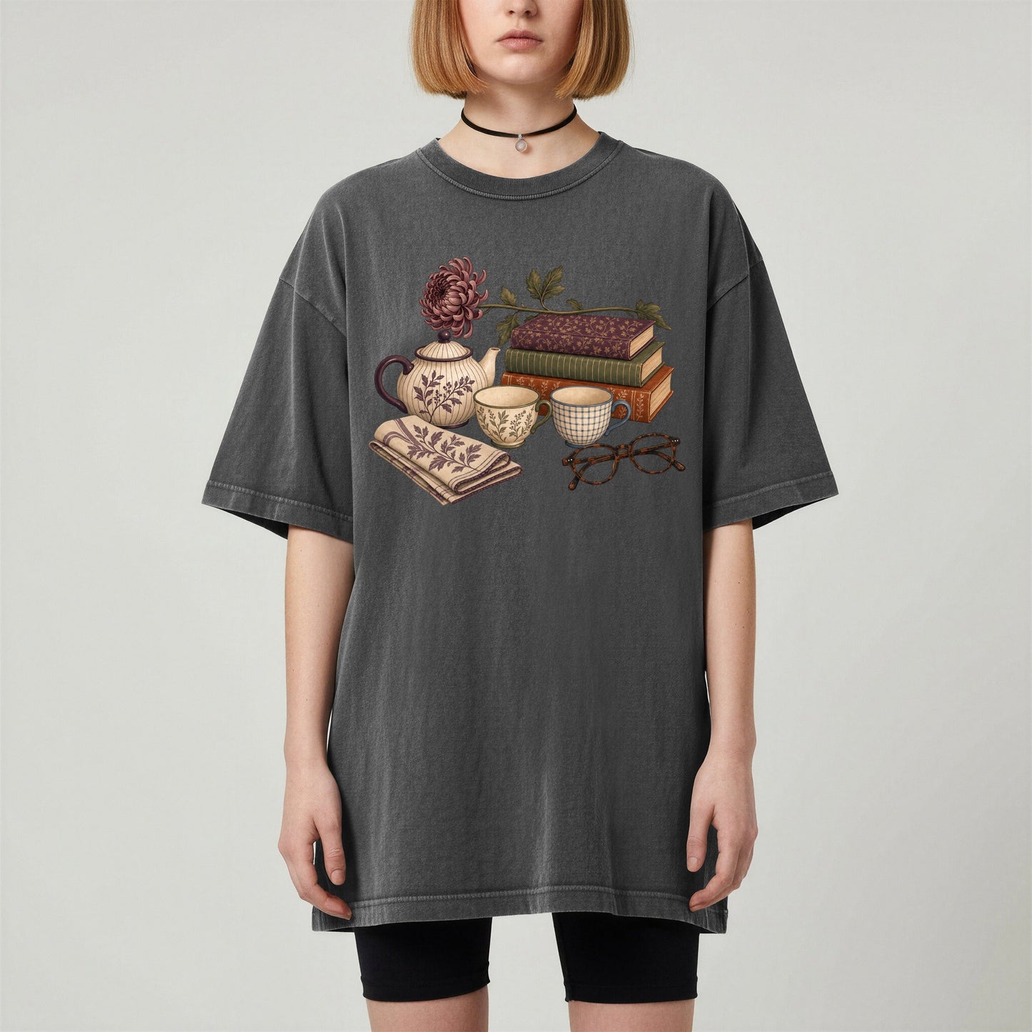 Afternoon Tea and Books bookish tee in Pepper, worn