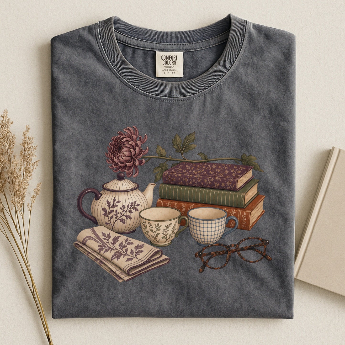 Afternoon Tea and Books bookish tee in Pepper, flat lay