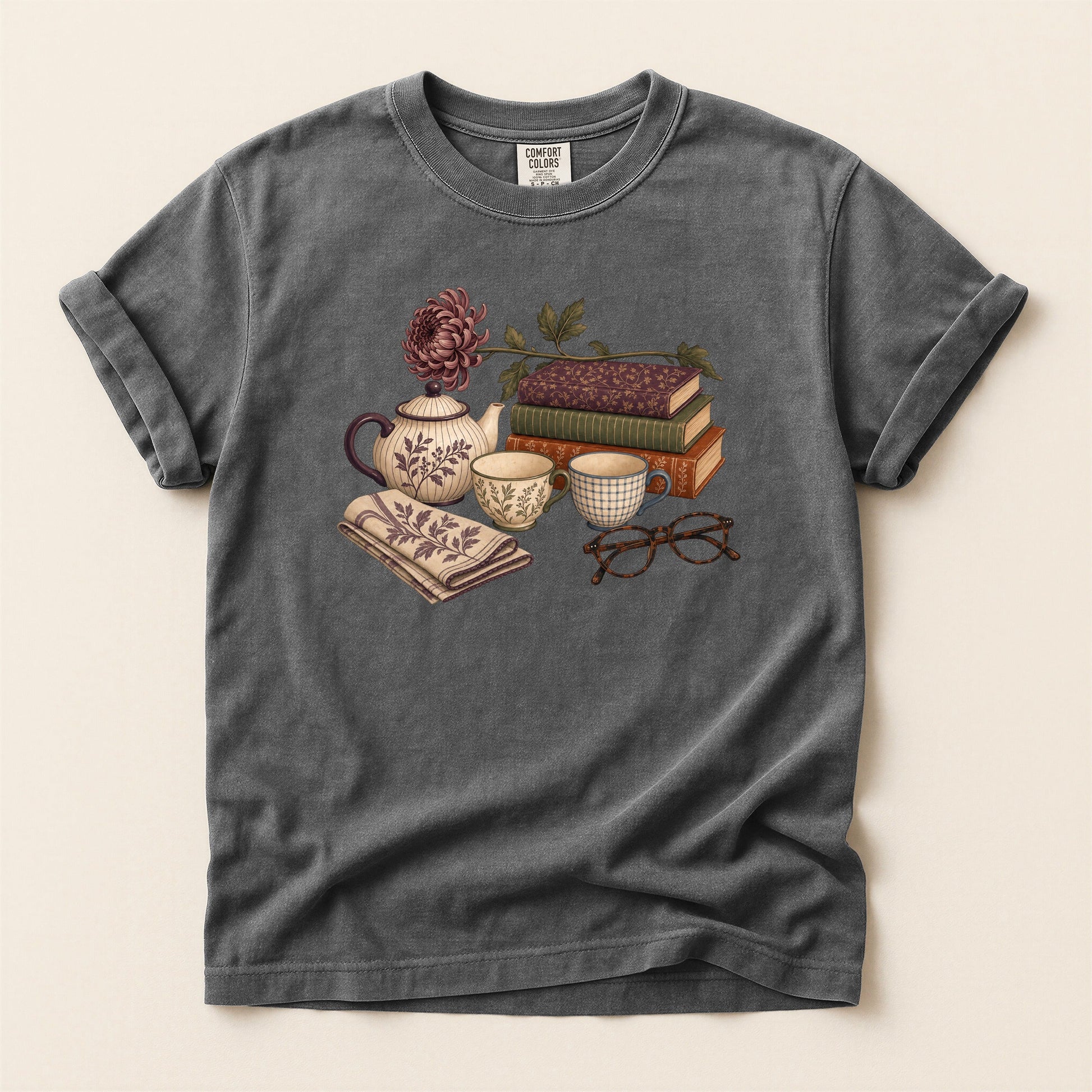 Afternoon Tea and Books bookish tee in Pepper, full flat