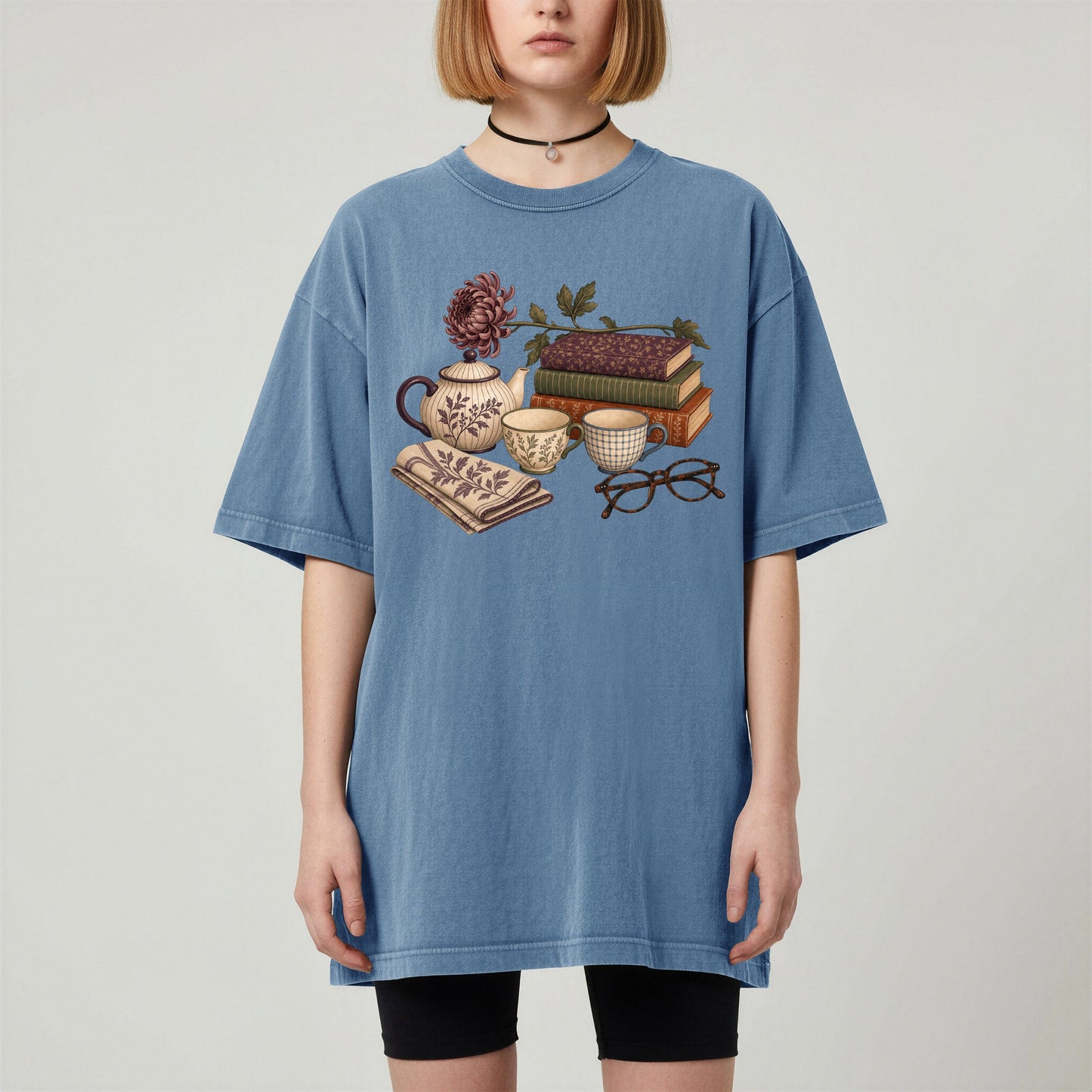 Afternoon Tea and Books bookish tee in Blue Jean, worn