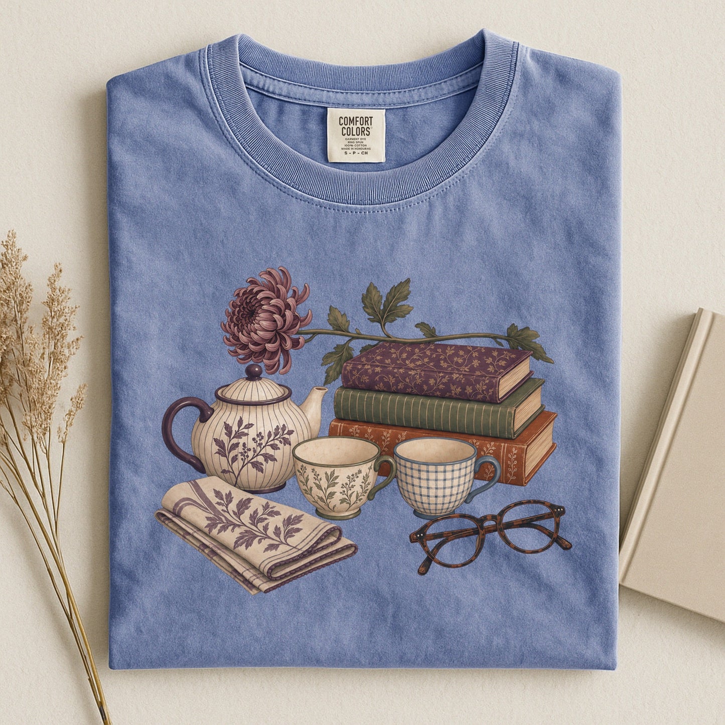 Afternoon Tea and Books bookish tee in Blue Jean, flat lay