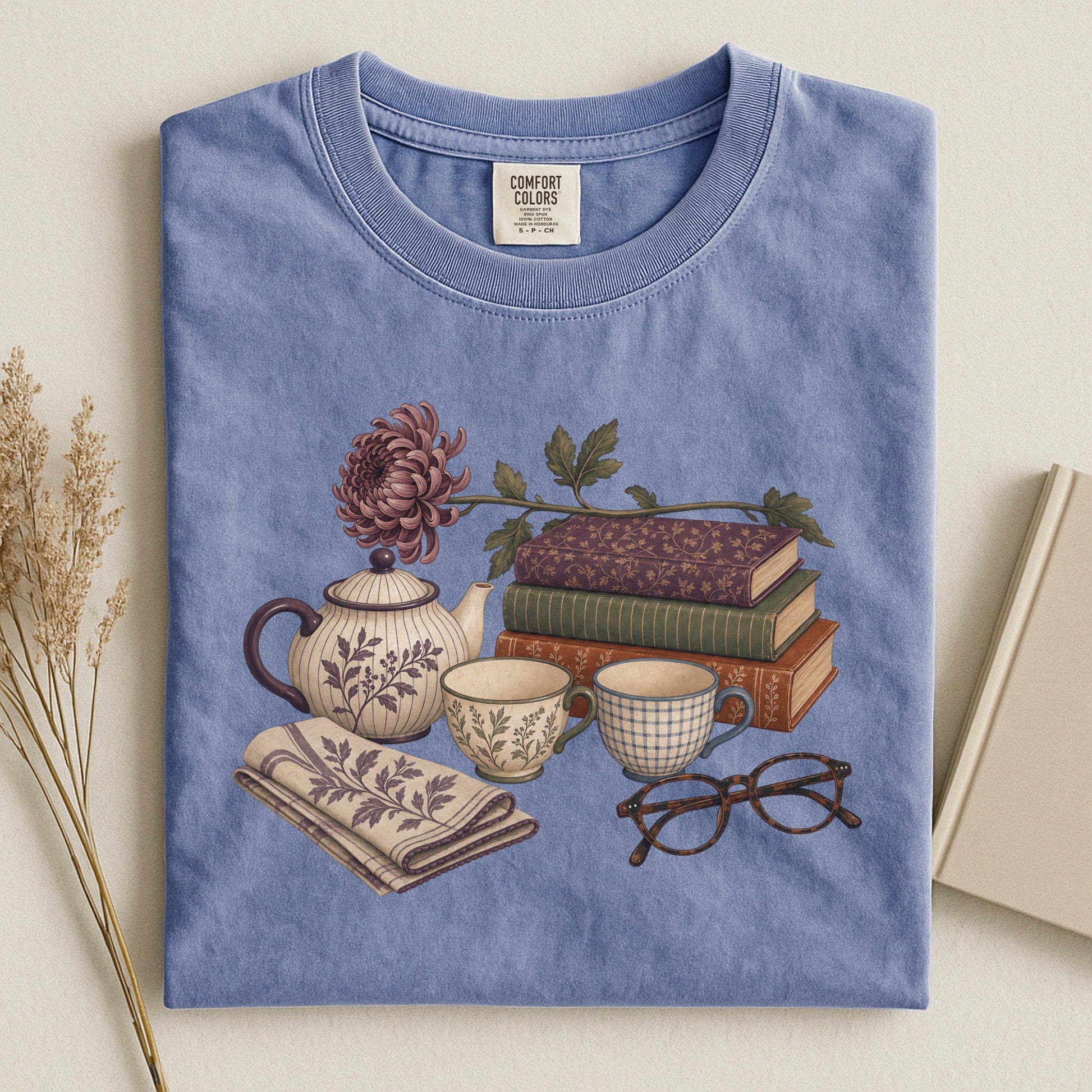 Afternoon Tea and Books bookish tee in Blue Jean, flat lay