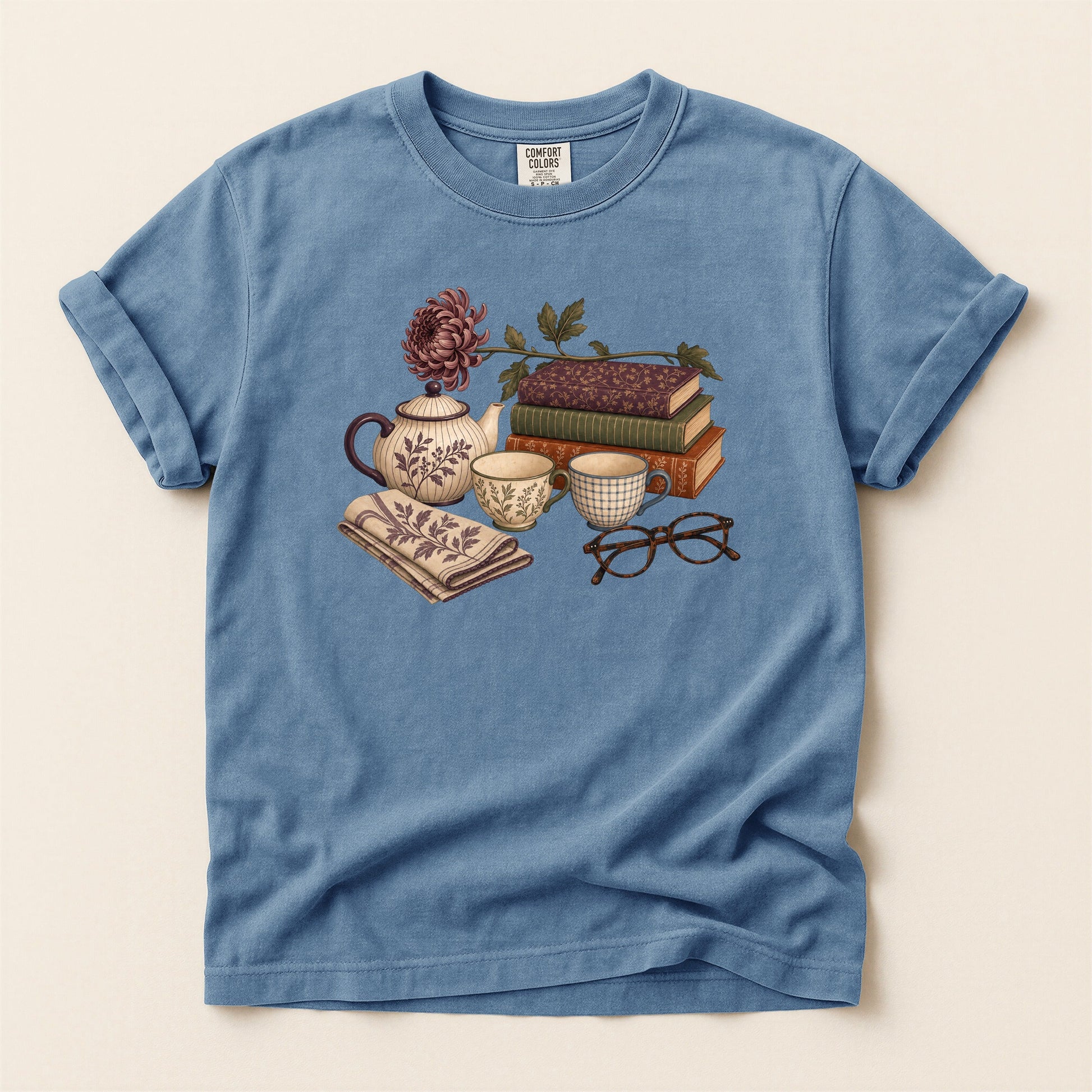 Afternoon Tea and Books bookish tee in Blue Jean, full flat