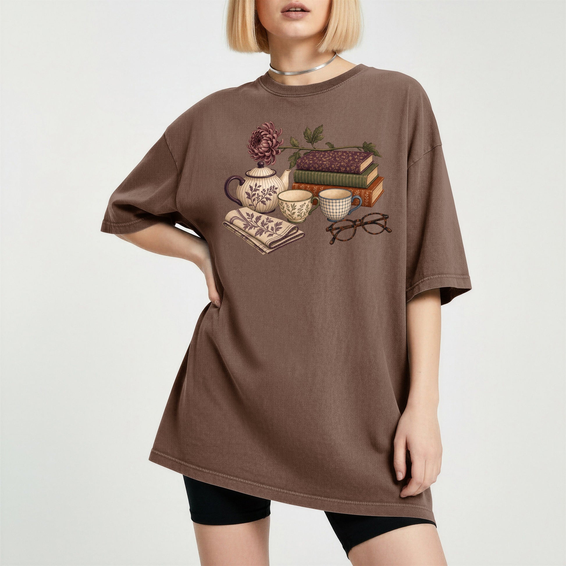 Afternoon Tea and Books bookish tee in Espresso, worn