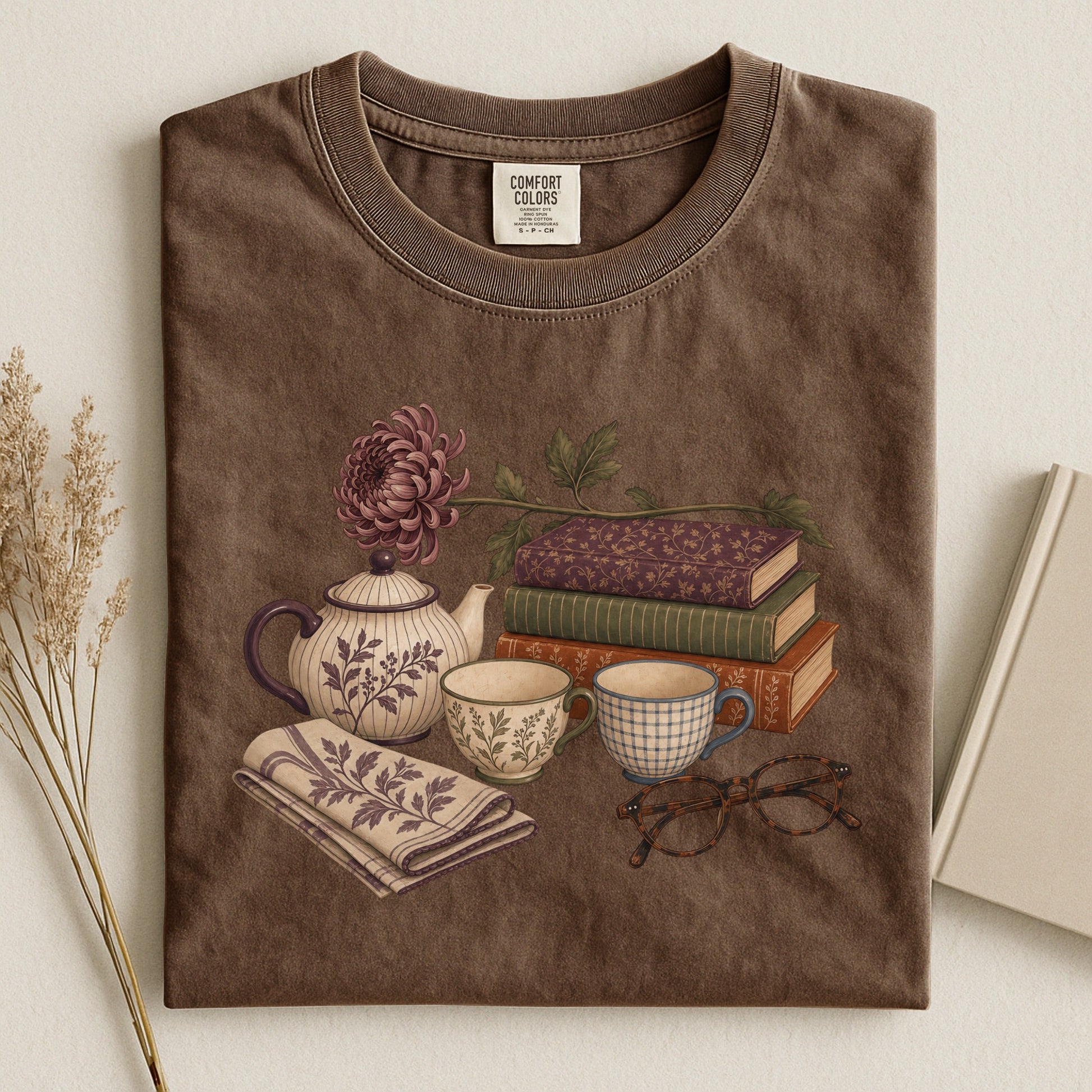 Afternoon Tea and Books bookish tee in Espresso, flat lay