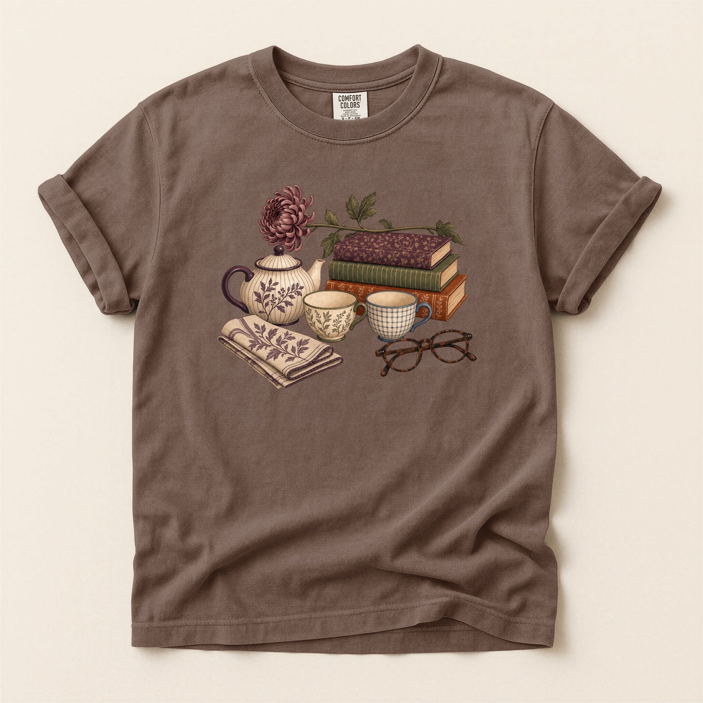 Afternoon Tea and Books bookish tee in Espresso, full flat