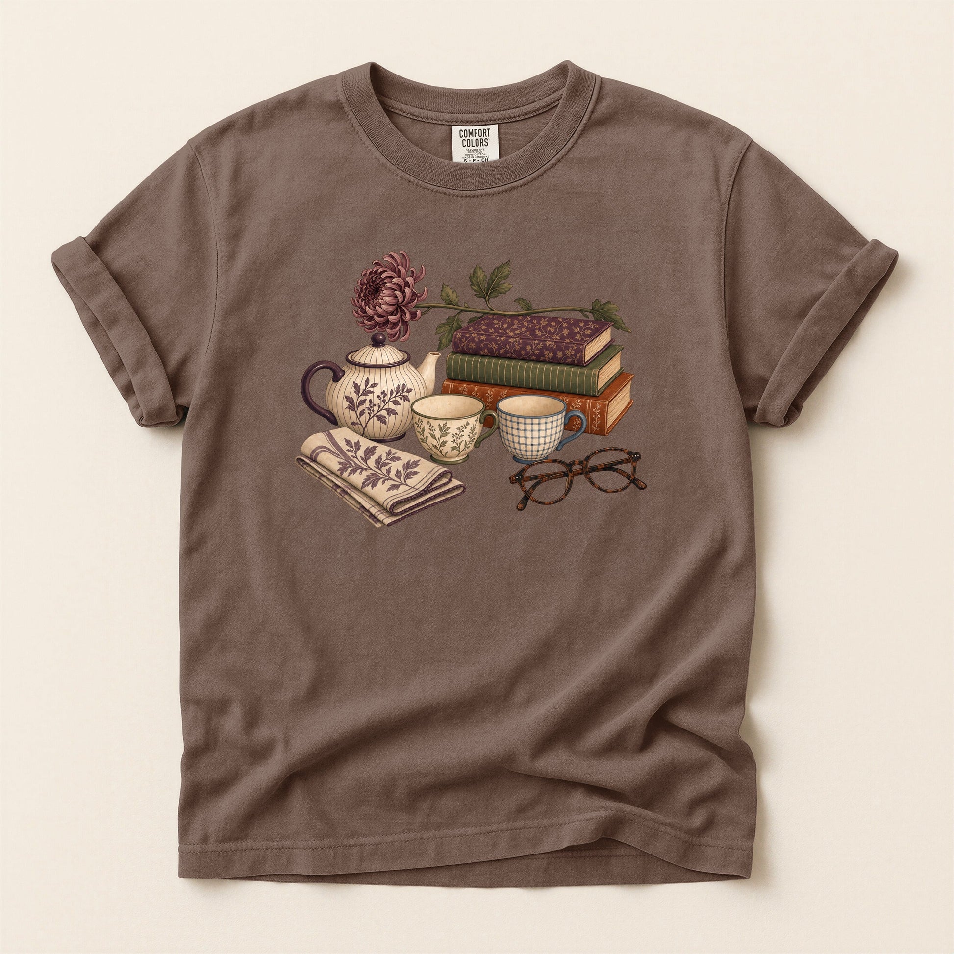 Afternoon Tea and Books bookish tee in Espresso, full flat