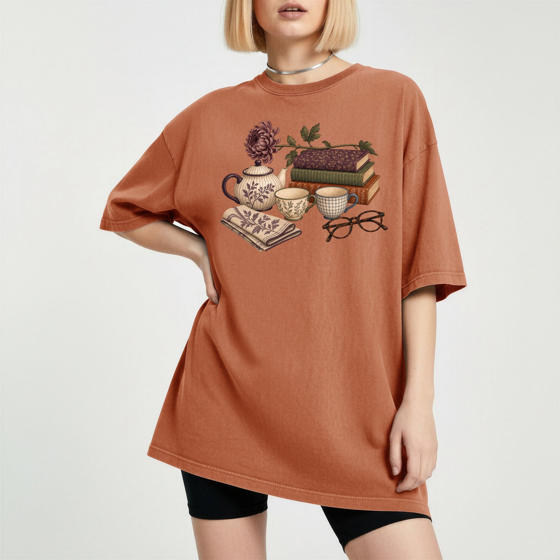 Afternoon Tea and Books bookish tee in Yam, worn