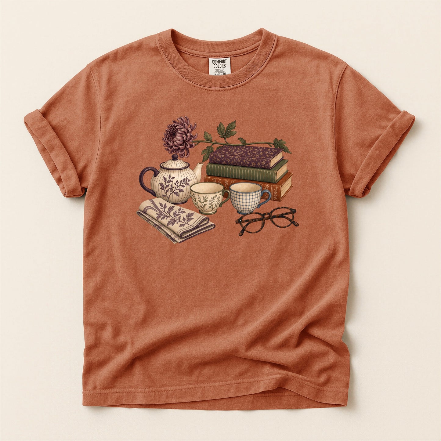 Afternoon Tea and Books bookish tee in Yam, full flat
