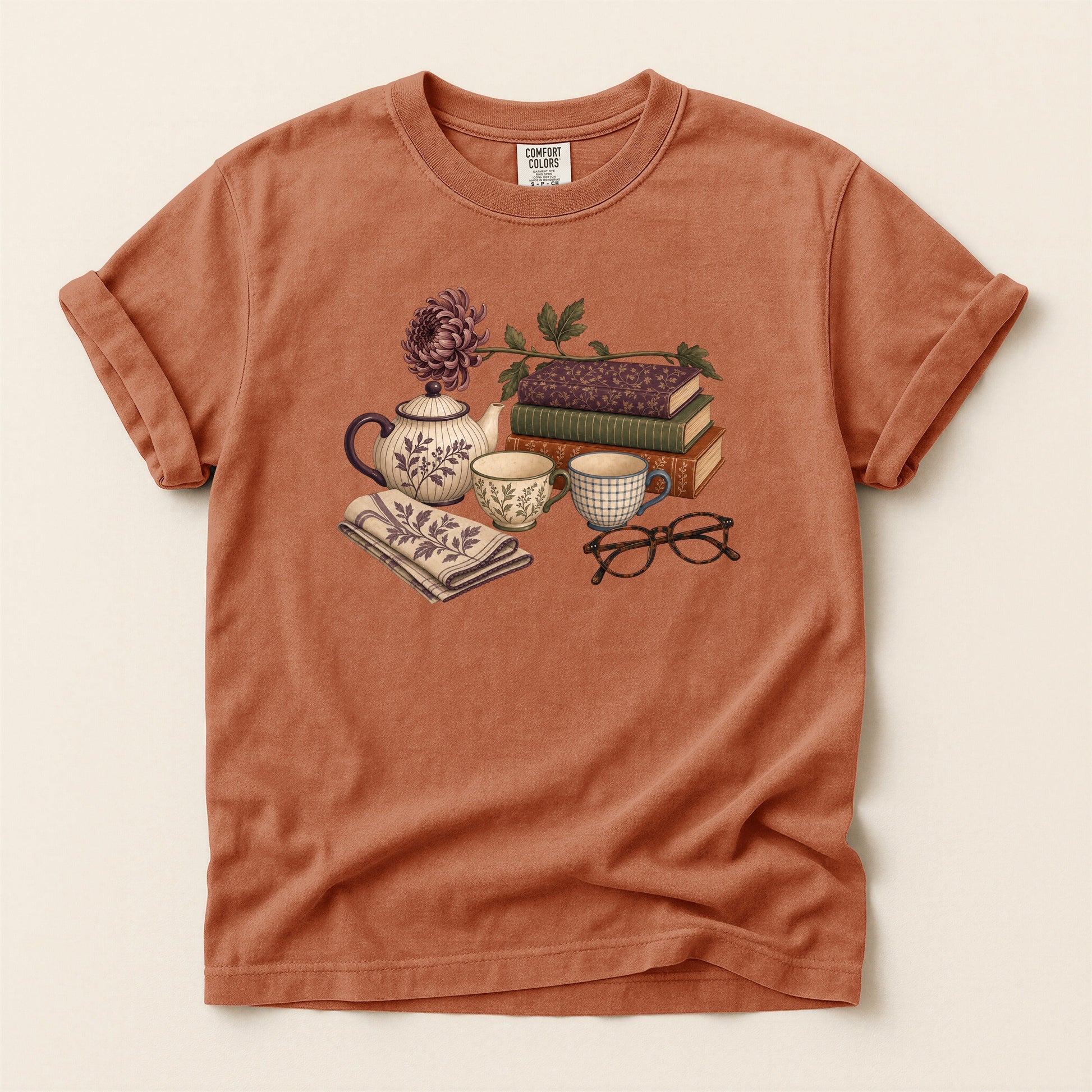 Afternoon Tea and Books bookish tee in Yam, full flat