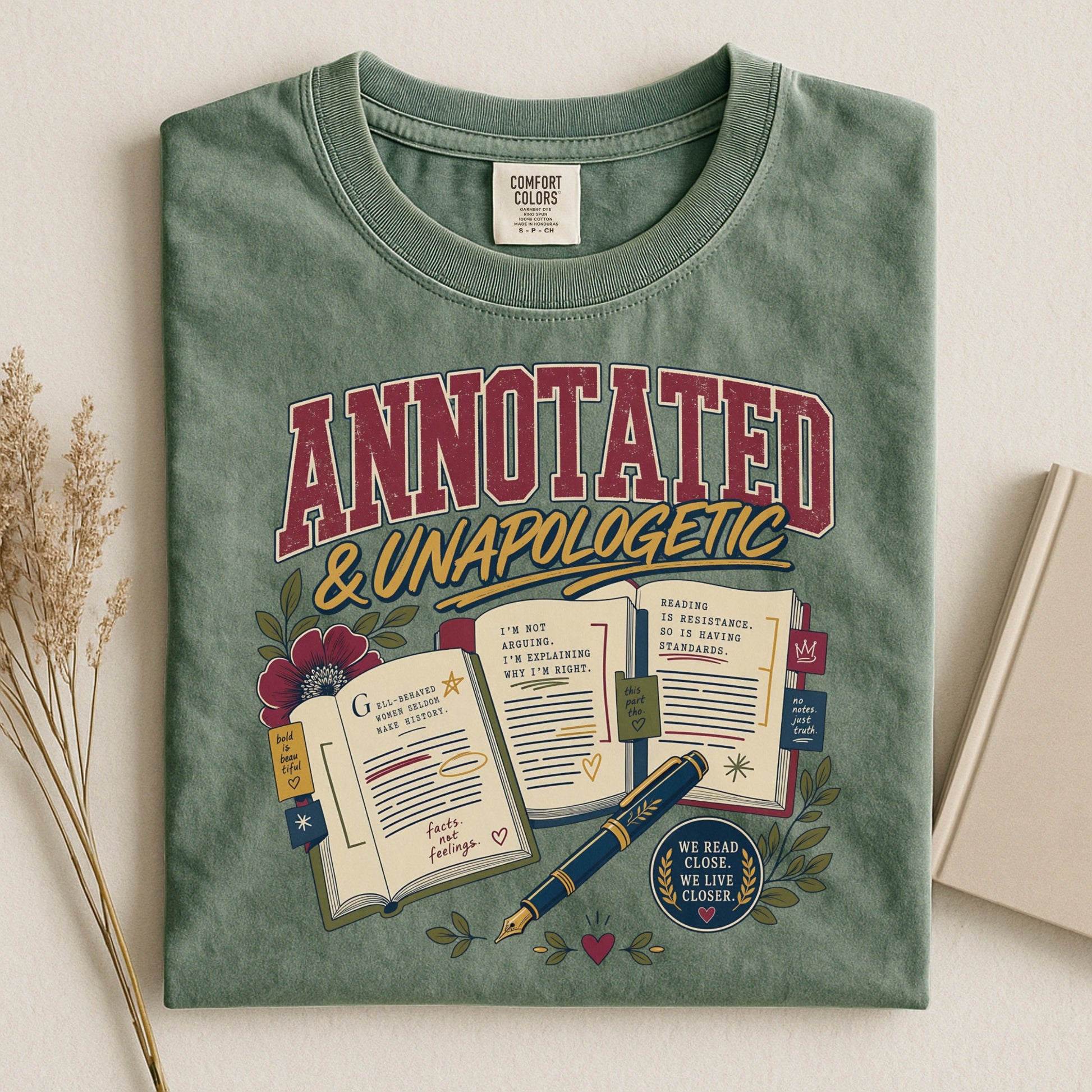 Annotated & Unapologetic bookish tee in Moss, flat lay