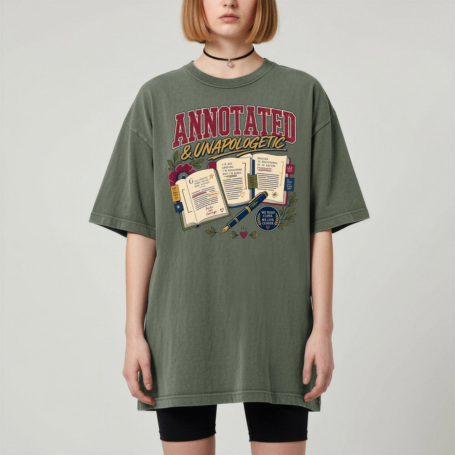 Annotated & Unapologetic bookish tee in Moss, worn