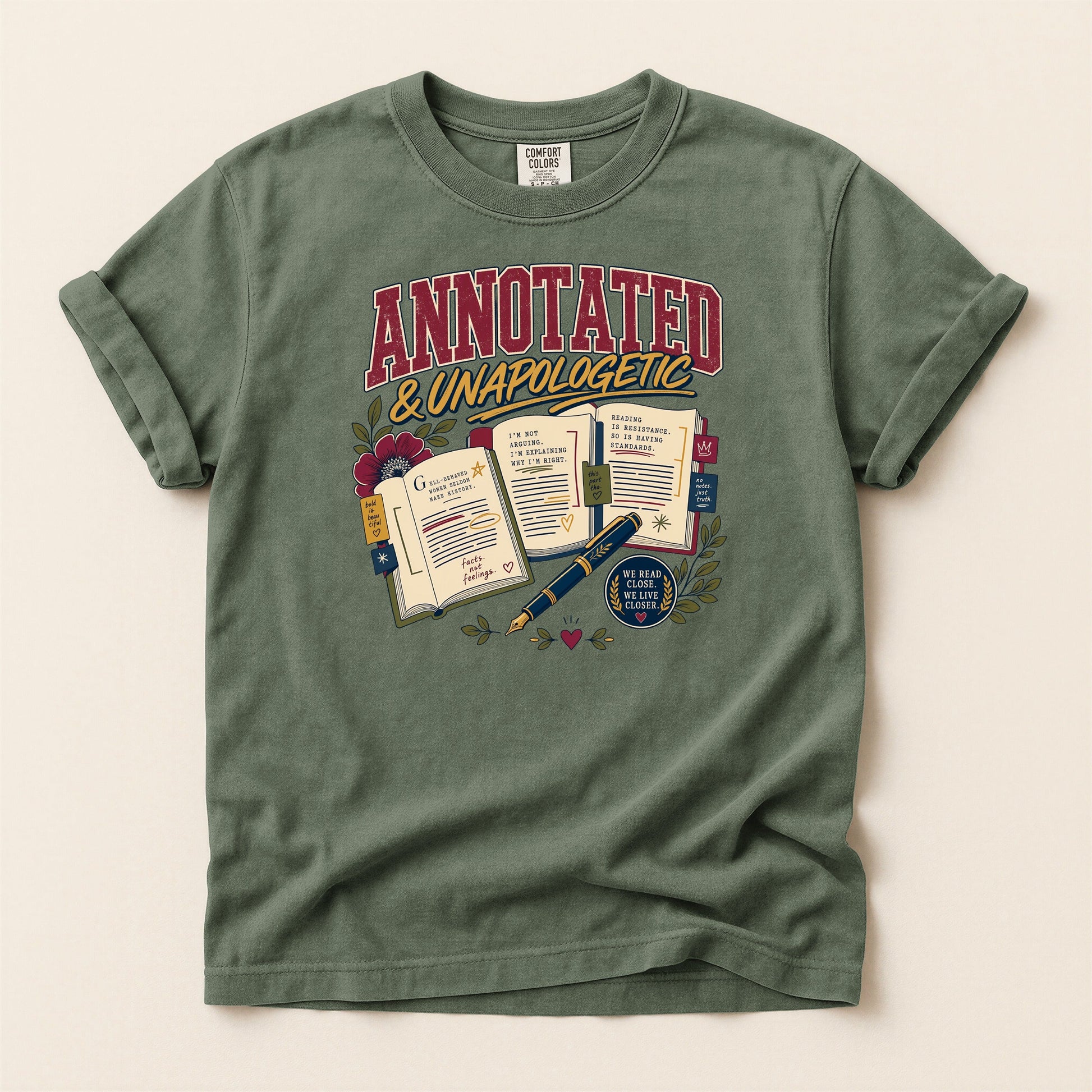 Annotated & Unapologetic bookish tee in Moss, full flat
