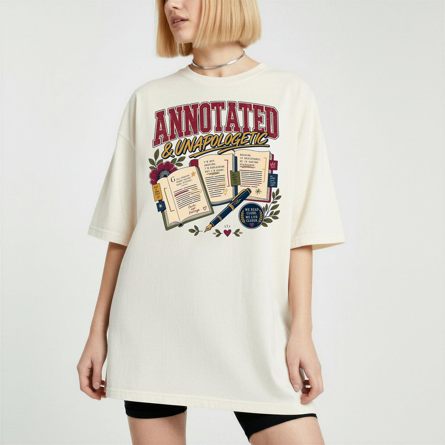 Annotated & Unapologetic bookish tee in Ivory, worn