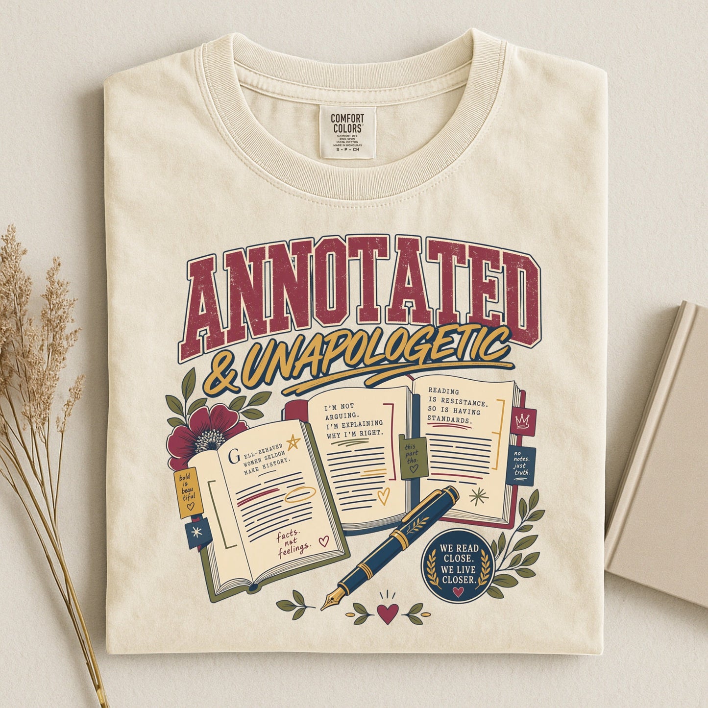 Annotated & Unapologetic bookish tee in Ivory, flat lay