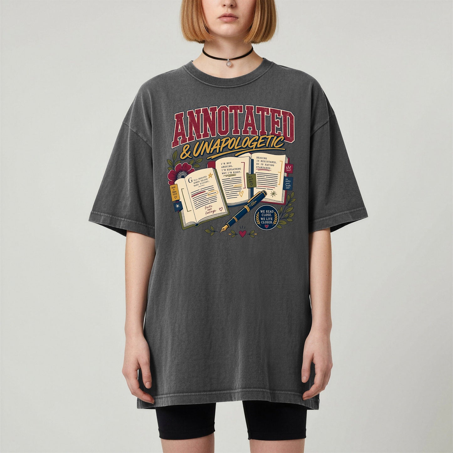 Annotated & Unapologetic bookish tee in Pepper, worn
