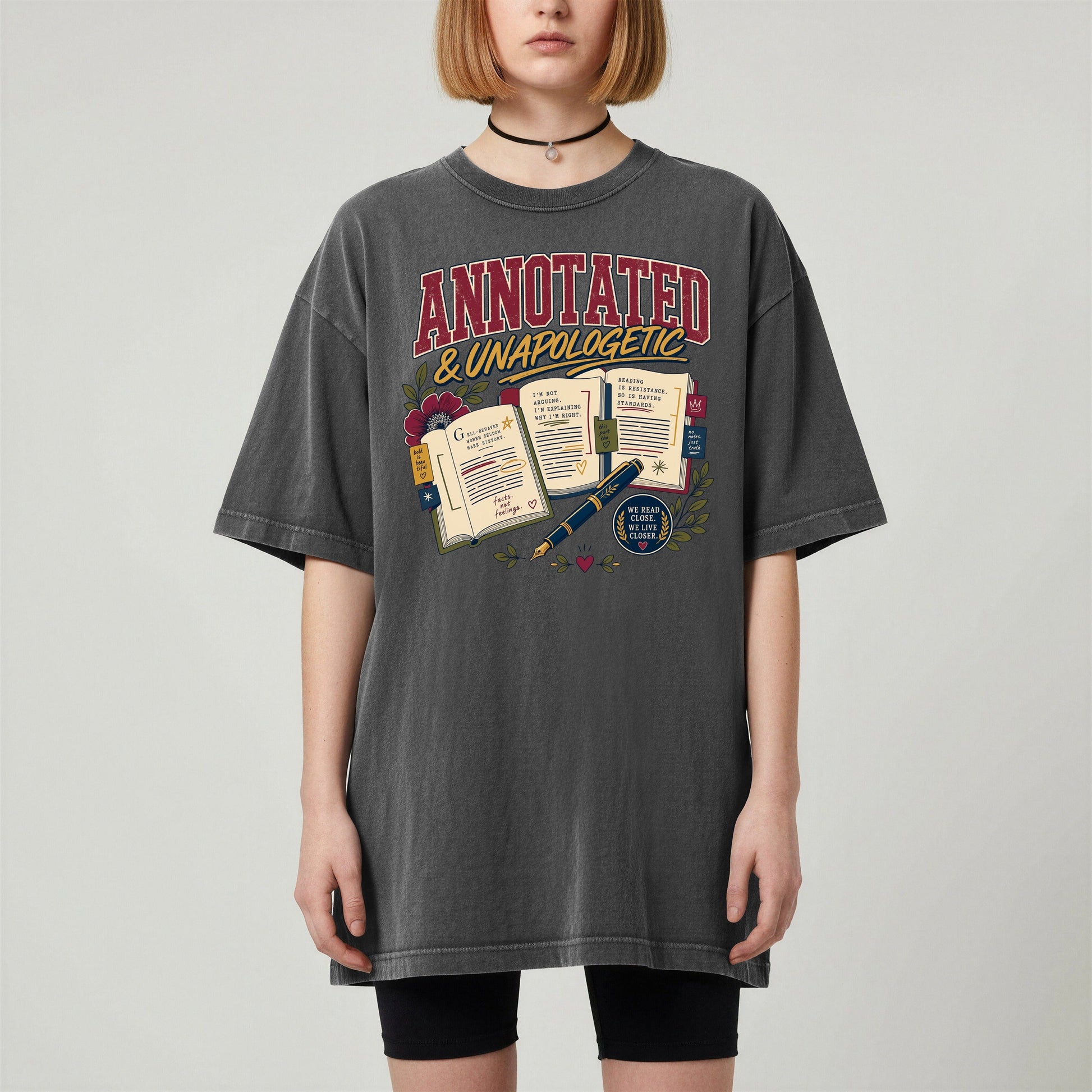 Annotated & Unapologetic bookish tee in Pepper, worn